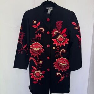 Indigo Moon Womens Black Floral Embroidered Cotton Mandarin Collar Jacket XS
